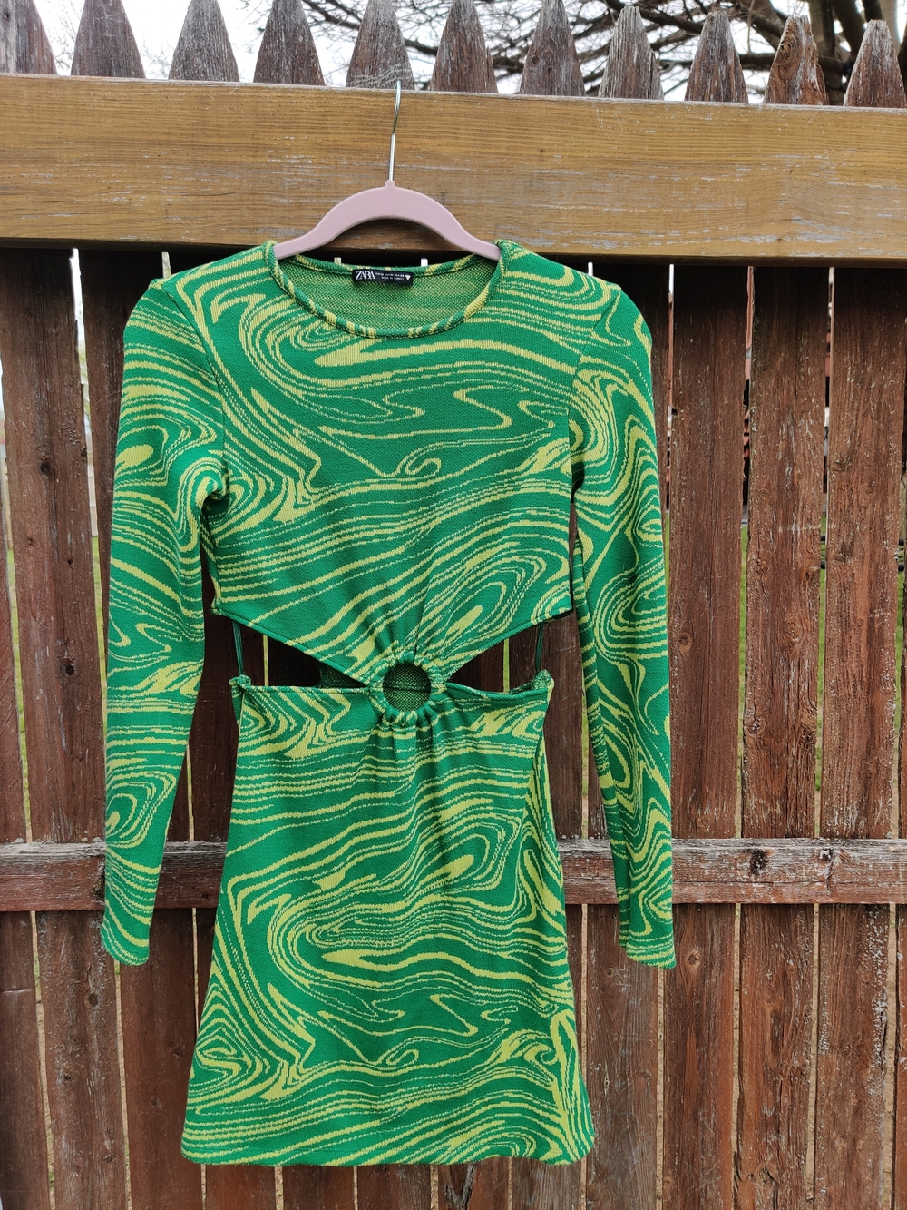 Zara Green and Yellow Swirl Cutout Mini Dress
